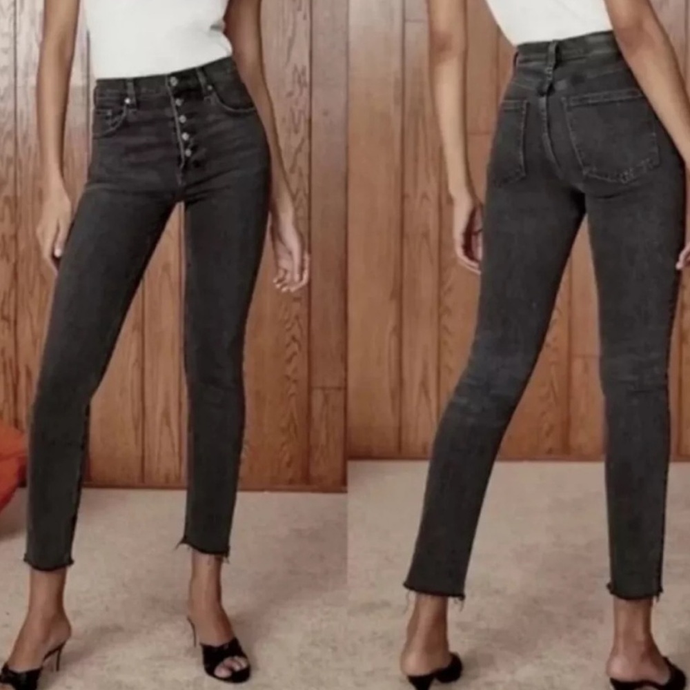 Denim Forum Aritzia Yoko High Rise Slim Jeans Button Fly Raw Hem
Charcoal 27